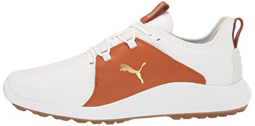 PUMA Men's Ignite Fasten8 Crafted Golf Shoe, Puma White/Gold/Leather Brown, 11