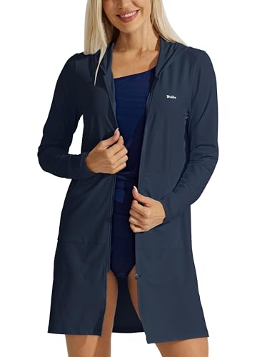 Willit UPF 50+ Women's Swim Cover Up Sun Protection Beach Swimwear Bathing Suit Long Hoodie Jacket SPF Navy L