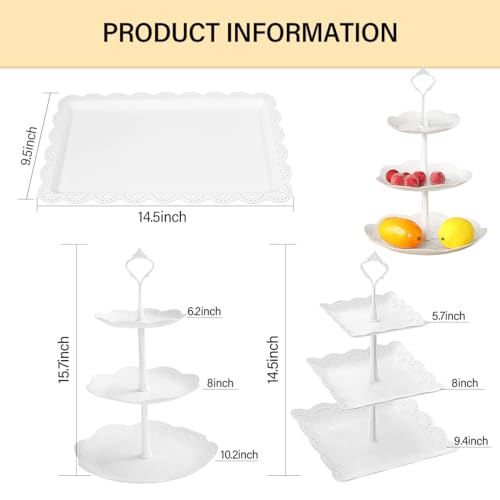 10 Pcs Cake Stand White Plastic Dessert Table Set 4 3 Tire Cupcake Display Stands Cookie Tray Rack Serving Tower and 6 Trays for Wedding Baby Shower Tea Party