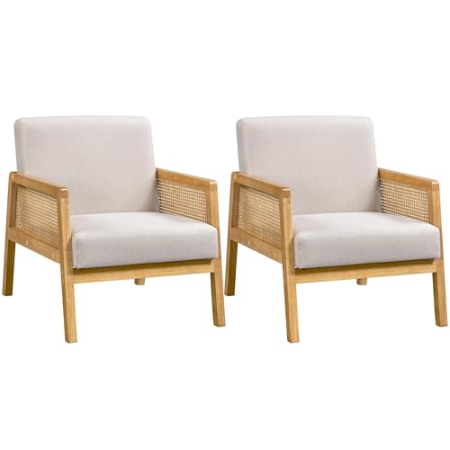 Yaheetech Accent Chair, Armchair with Rattan Armrest and Wood Legs, Mid Century Modern Living Room Chair Linen Comfy Lounge Chair for Bedroom Hosting Room Reading Room, Set of 2, Beige