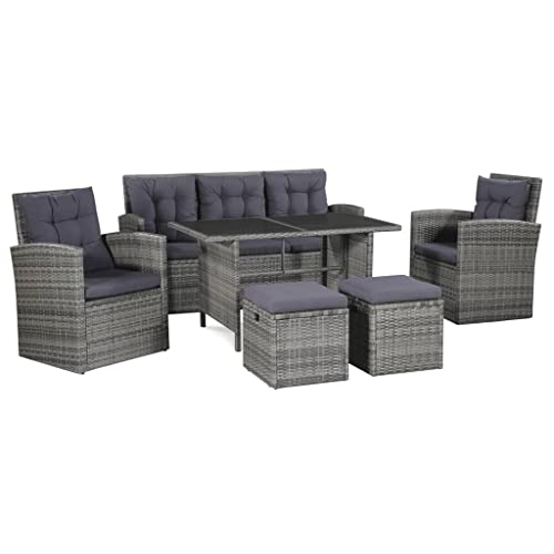 vidaXL Six-Piece Outdoor Lounge Set in Grey - Poly Rattan with Cushions - Includes Sofa, Armchairs, Table, Footstools, and Pillows for Patio, Garden, or Deck