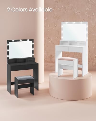 VASAGLE Vanity Desk with Power Outlets, Makeup Vanity with Mirror and Lights, with Upholstered Vanity Stool, 9 Dimmable LED Lights, 2 Compartments, 2 Drawers, for Bedroom, Cloud White URDT029W01