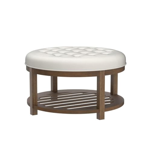 24KF Large Round Upholstered Tufted Linen Ottoman Coffee Table, Large Footrest Ottoman with Wood Shelf Storage-Ivory