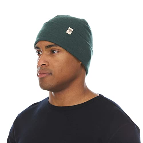 100% Merino Wool Ridge Cuff Beanie - Unisex Warm Winter Hat - Forest Green