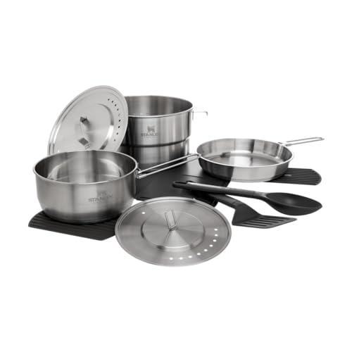 Stanley Even Heat Camp Pro Cookset, 11-Piece Camping Cookware Set with Stainless Steel Pots and Pans, Utensils, Lids, and Cooking Accessories, Outdoor Travel Kit for Backpacking, Hiking, and Fishing
