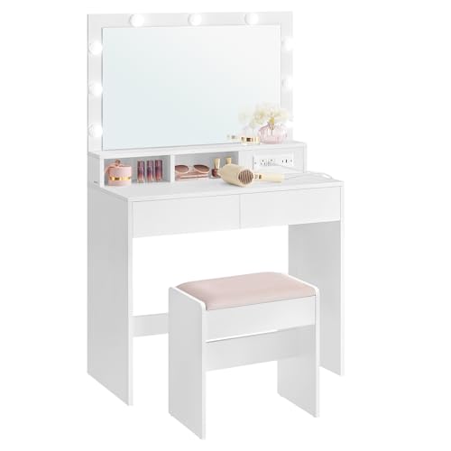 VASAGLE Vanity Desk with Power Outlets, Makeup Vanity with Mirror and Lights, with Upholstered Vanity Stool, 9 Dimmable LED Lights, 2 Compartments, 2 Drawers, for Bedroom, Cloud White URDT029W01