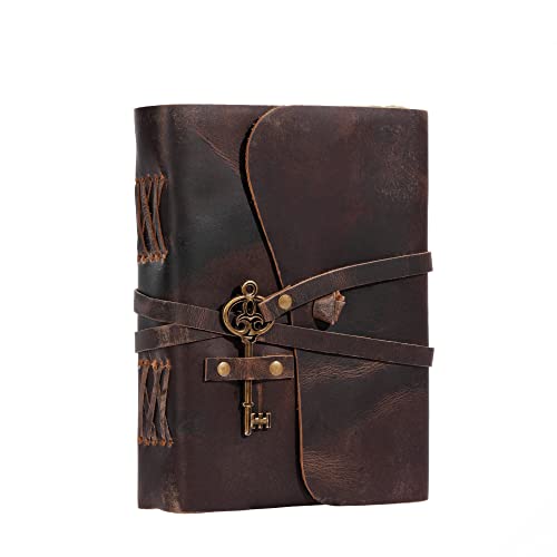 Leather Journal with lined Deckle Edge Paper 8x6 inch and Vintage Key/Handmade Writing Notebook Diary/Bound Daily Notepad for Men & Women Medium, Sketch/Writing pad, for Artists (8 x 6, Brown)