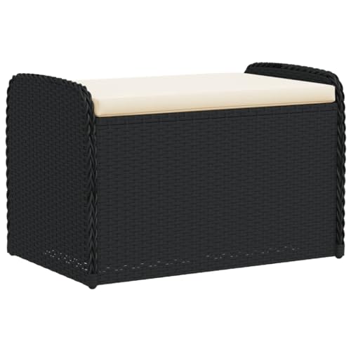 vidaXL Black Poly Rattan Storage Bench with Cushion - Comfortable Outdoor Loveseat for Garden, Backyard Seating & Pool Towel Organiser, Weather-Resistant PE Rattan, Easy Assembly