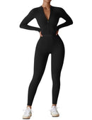 YEOREO Women Long Sleeve Workout Jumpsuit Zip Up Romper Bottom Pants Bodysuit Bodycon Sexy One Piece, Black