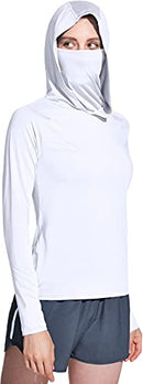 TSLA Women's UPF 50+ Sun Protection Hoodie Shirts with Face Mask, Lightweight Dry Fit Long Sleeve Outdoor Sun Shirt FTH02-WHT Small