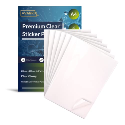 Avarrix Australia Printable Vinyl Sticker Paper for Inkjet & Laser Printer, Transparent Clear Glossy, 20 Sheets, A4 Size, Glossy Transparent Clear Sheets, Waterproof A4 Sticker Paper for Printer
