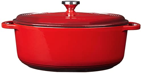 Lodge 7 Quart Enameled Cast Iron Dutch Oven with Lid – Dual Handles – Oven Safe up to 500° F or on Stovetop - Use to Marinate, Cook, Bake, Refrigerate and Serve – Red