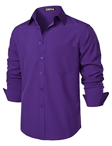 ZEROYAA Men's Regular Fit Dress Shirt Solid Wrinkle-Free Long Sleeve Casual Business Button Up Shirts with Pocket, Purple, X-Large