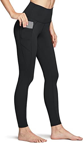 TSLA High Waist Yoga Pants with Pockets, Tummy Control Yoga Leggings, Non See-Through 4 Way Stretch Workout Running Tights, Ankle Pocket Peachy Women FAP54-BLK_Large