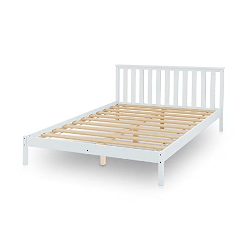 Solid Wood Bed Frame with Headboard Double Size Mattress Base Foundation Pine Wood Platform Wood Slat Support Bedroom Furniture White