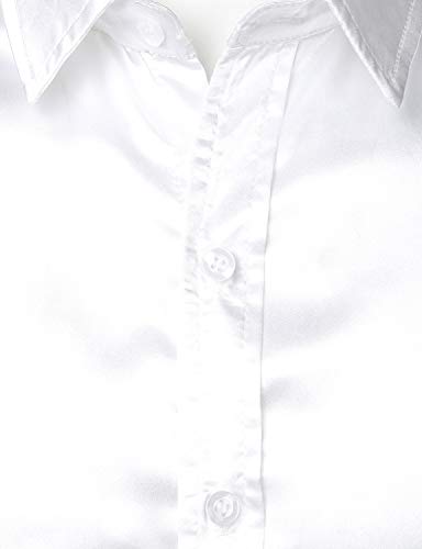 ZEROYAA Men's Luxury Shiny Silk Like Satin Button Up Dress Shirts, White, Medium