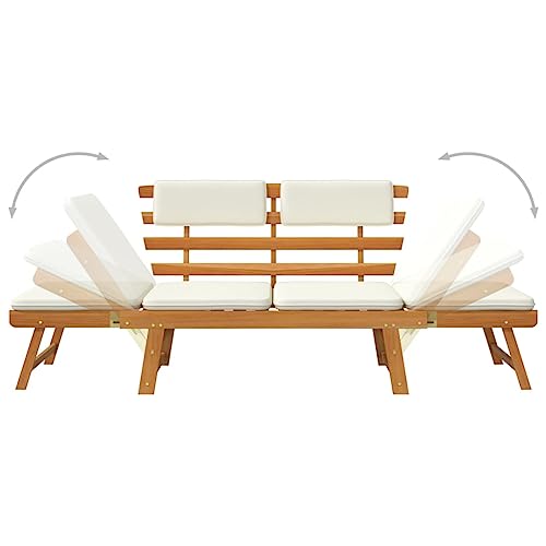 'vidaXL Garden Bench with 2-in-1 Design, Converts to Day Bed, Comfortable Cushions, Solid Acacia Wood, Weather-Resistant for Outdoor Use, Brown and White, 190 cm