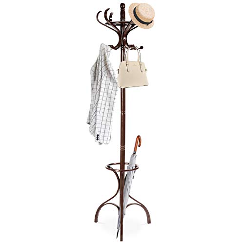 Wooden Coat Rack, Coat Stand w/ Umbrella Holder & 12 Hooks, 360°Rotating Top Tier, Sturdy Triangle Construction, Hat & Clothes Storage, Coat Hanger Tree for Entryway Living Room, 180CM (Red-Brown)