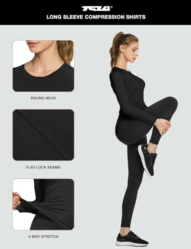 TSLA Women's Sports Compression Shirt, Cool Dry Fit Long Sleeve Workout Tops, Athletic Exercise Gym Yoga Round Neck Shirts FUD31-BLK_Large