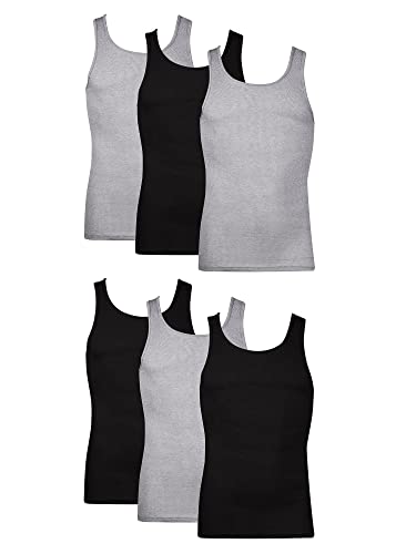 Hanes Men’s Ribbed Tank, Cotton Undershirt Tank, 6-Pack, Black/Grey Assorted - 6 Pack, Medium