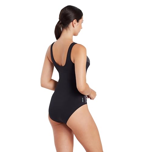 Zoggs Sandon Scoopback Swimsuits for Women, Classic Swimsuits with Fixed Foam Cups & Tummy Control, Scoopback Swimming Costume with Medium Leg Length, Eco-Friendly Womens Swimwear, Black/Eco Fabric,