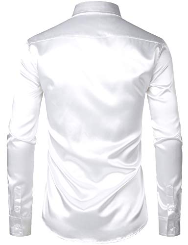 ZEROYAA Men's Luxury Shiny Silk Like Satin Button Up Dress Shirts, White, Medium
