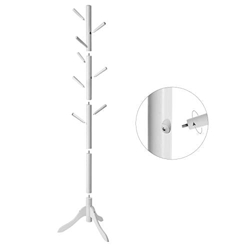 VASAGLE Standing Coat Rack, Solid Wood Coat Rack, Tree-Shaped Coat Rack with 8 Hooks, 3 Height Options, for Clothes, Hats, Bags, for Living Room, Bedroom, Home Office, White RCR60WT