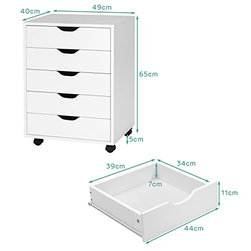 Giantex 5-Drawer Mobile File Cabinet, Side Cabinet File Pedestal w/ 4 Castors, Wood Under Desk Drawer, Storage Cabinet Organiser, Compact Chest of Drawers Dresser (White)