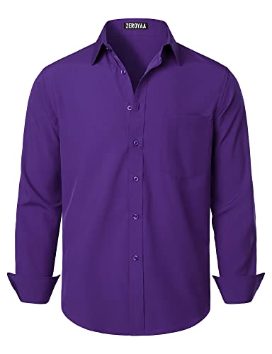 ZEROYAA Men's Regular Fit Dress Shirt Solid Wrinkle-Free Long Sleeve Casual Business Button Up Shirts with Pocket, Purple, X-Large