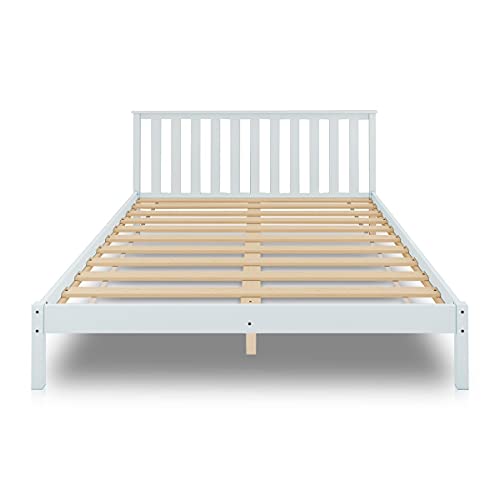 Solid Wood Bed Frame with Headboard Double Size Mattress Base Foundation Pine Wood Platform Wood Slat Support Bedroom Furniture White