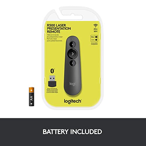 Logitech R500s Laser Class 1 Presenter Bluetooth and USB / Presentation Clicker - Universal Compatibility, 20m range, Customisable, Smart Battery 12 months usage