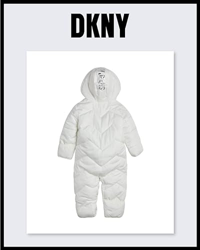 DKNY Baby Girls' Pram Snowsuit – Heavyweight Quilted Bodysuit – Insulated Zip Up Outerwear Footed Jumpsuit Coveralls (0-24M), Size 3-6 Months, Cream