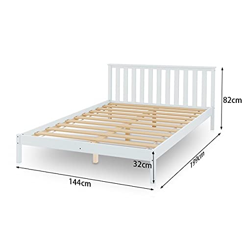 Solid Wood Bed Frame with Headboard Double Size Mattress Base Foundation Pine Wood Platform Wood Slat Support Bedroom Furniture White