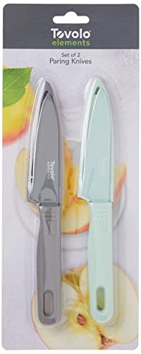 Tovolo Paring Knives Set of 2 (Mint/Gray) - Essential Small Knife Set for Cooking, Peeling, Slicing, & Precise Jobs/Includes Blade Covers for Safe Storage & Travel