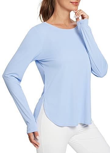 BALEAF Workout Tops for Women, UPF 50+ Long Sleeve Sun Shirts, Lightweight Hiking Tops, Quick Dry, UV Protection Outdoor Clothing Light Blue XS