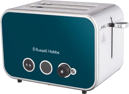 Russell Hobbs Distinctions 2 Slice Toaster, RHT262OCB, Polished Stainless Steel Design, Illuminated Countdown, Variable Browning Control, Longer Slots, Ocean Blue,Silver