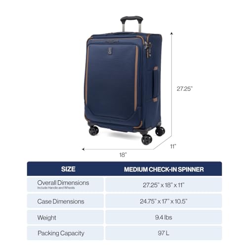 Travelpro Crew Classic Lightweight Softside Expandable Checked Luggage, 8 Wheel Spinner Suitcase, TSA Lock, Men and Women, Checked Medium 25-Inch, Patriot Blue, Patriot Blue, Checked-Medium, Crew
