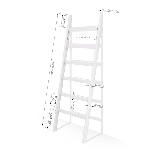 ZHOMUD Blanket Ladder, 6 Tier Blanket Holder, 68.9 Inch Tall Blanket Rack, Ladder Shelf Against The Wall, Rustic Bamboo Quilt Rack Stand for Bathroom, Living Room, Bedroom, Balcony, White