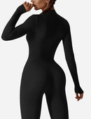 YEOREO Women Long Sleeve Workout Jumpsuit Zip Up Romper Bottom Pants Bodysuit Bodycon Sexy One Piece, Black