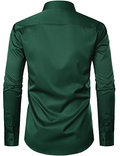 ZEROYAA Men's Urban Stylish Casual Business Slim Fit Long Sleeve Button Up Dress Shirt with Pocket, Dark Green, Small