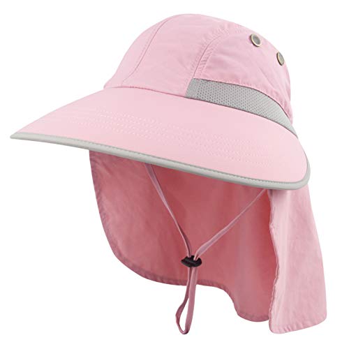 HICOSKY Womens Outdoor Sun Hat UV Protection Wide Brim Mesh Foldable Ponytail Summer Beach Fishing Hats Safari Cap with Neck Flap Pink