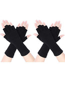 2 Pairs Unisex Fingerless Gloves Half Finger Stretchy Knit Gloves Lengthen Wrist Mittens Winter Warm Gloves, Black, Medium