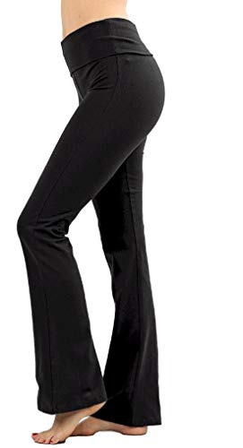 Zenana Women's Plus Size Stretch Cotton Fold Over Waist Flare Leg Yoga Pants, Black, XL Plus