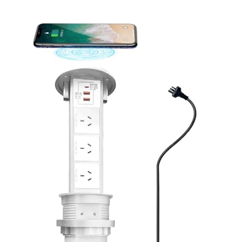 ZESHAN pop up Power Outlet Australia with Wireless Charger, 3 AC Power, 2 USB and 1 Type C Fast Charging Ports for Home/Office Conference Table and Kitchen countertop(Silver)