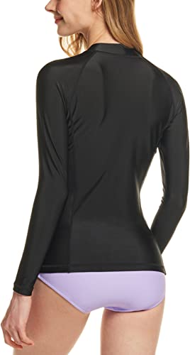 TSLA Women's UPF 50+ Full Zip Rash Guard, Water Sufing Long Sleeve Swimsuit, UV/Sun Protection Swim Shirts Wetsuit Top TM-FSZ01-BLK Small