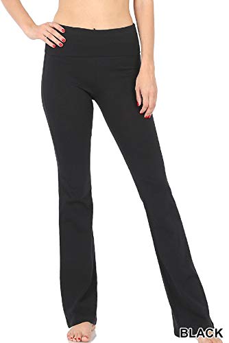 Zenana Women's Plus Size Stretch Cotton Fold Over Waist Flare Leg Yoga Pants, Black, XL Plus