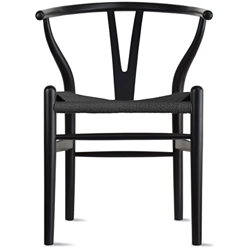 2xhome - Wishbone Solid Wood Armchair with Arms Open Y Back Farmhouse Dining Office Chair with Woven Black Seat (Black)