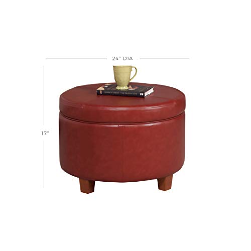 HomePop Round Leatherette Storage Ottoman with Lid, Cinnamon Red Large