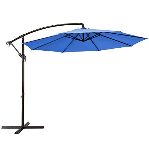 Tangkula 10FT Patio Offset Umbrella, Outdoor Cantilever Umbrella with Easy Tilt Adjustment & 8 Ribs, Hanging Market Umbrella with Crank & Cross Base for Garden, Backyard, Deck, Poolside (Blue)