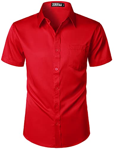 ZEROYAA Men's Casual Urban Stylish Slim Fit Short Sleeve Button Up Dress Shirt with Pocket, Red, 3X-Large